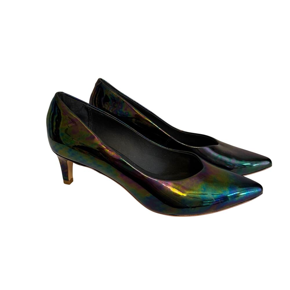Clarks Laina 55 Court Pointed Toe Iridescent Black Patent Pumps Heels 7.5M Work